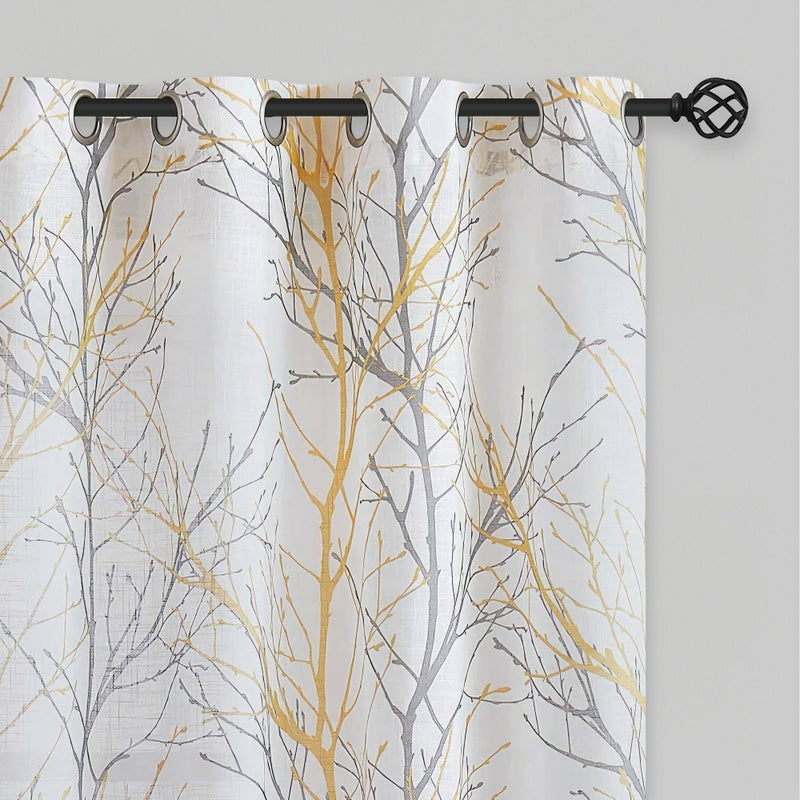 FMFUNCTEX Linen Semi Sheer Curtains for Bedroom, Yellow White Curtains 96 Inches Long for Living Room, Grey Tree Branch Print Curtain Light Filtering Farmhouse Window Drapes, Grommet Top 2 Panels - Image 1